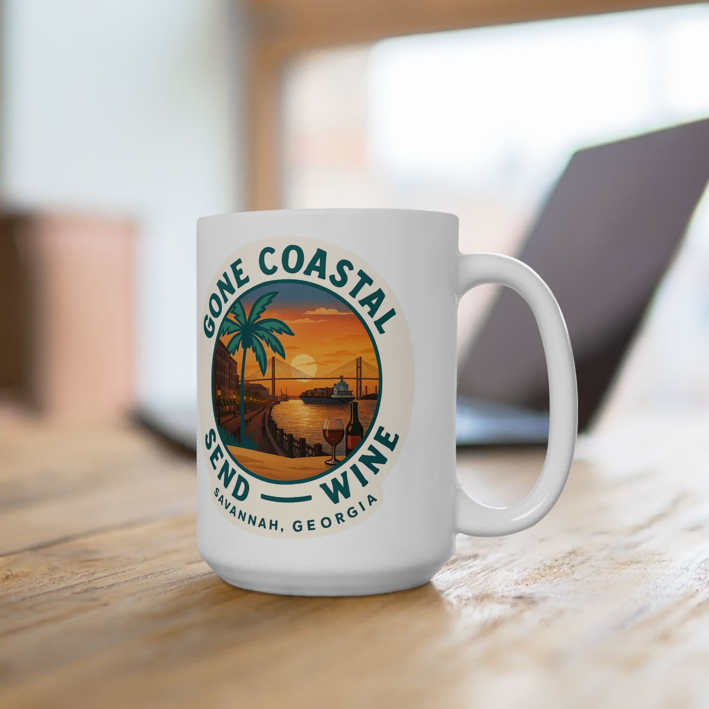 Gone Coastal Send Wine Mug – Savannah Georgia” ceramic mug, a great gift for coffee lovers and coastal Christmas enthusiasts