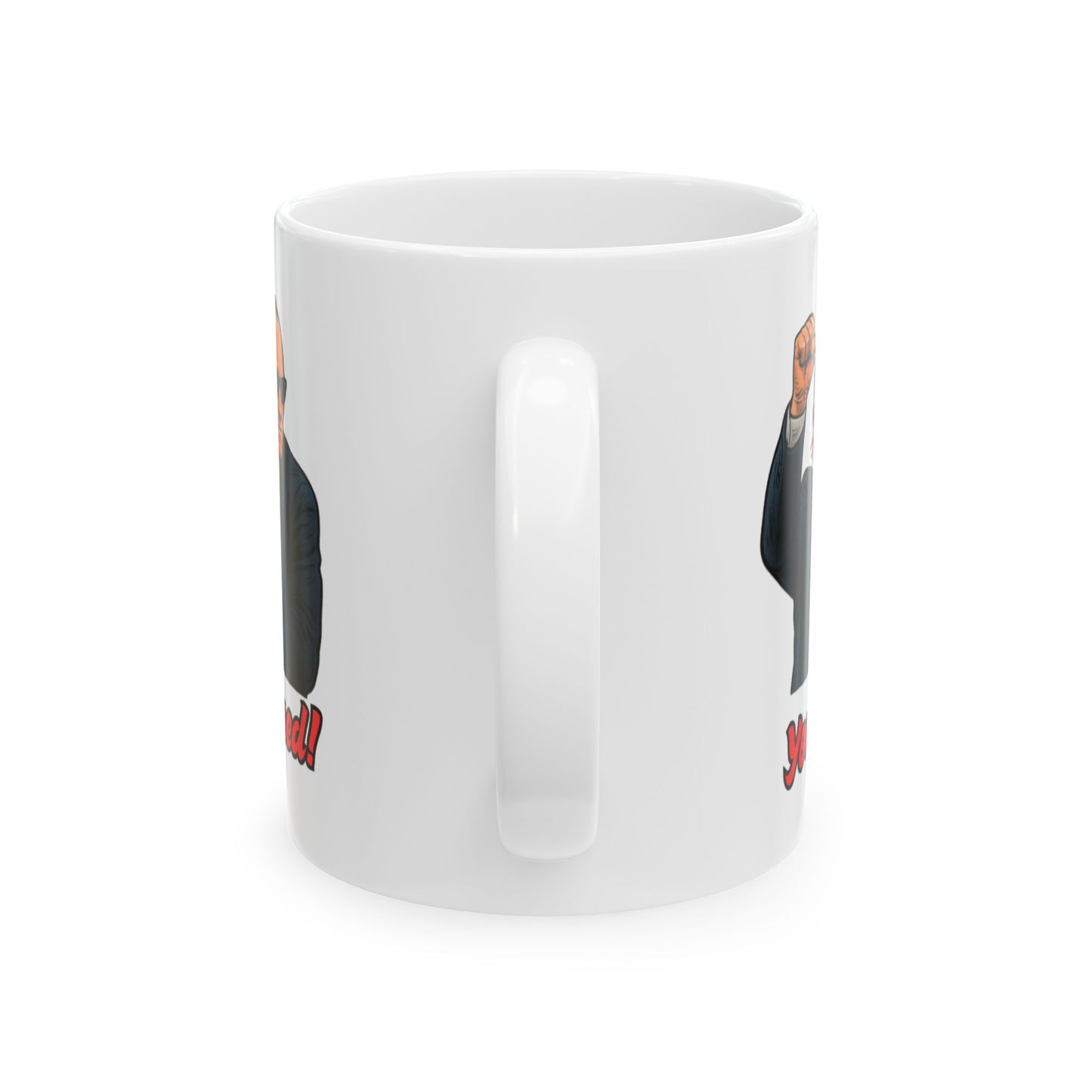White mug with a graphic design of Trump wearing a goggles by A coastal Christmas