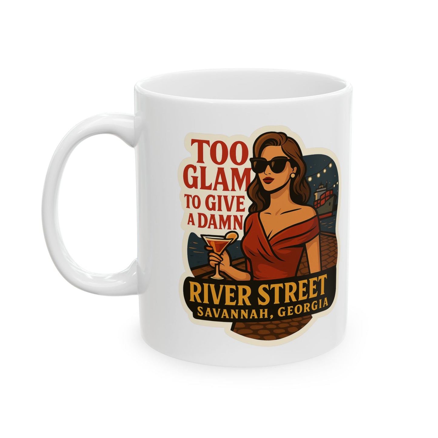 A stylish coffee mug featuring the phrase Too Glam to Give A Damn! in eye-catching typography on a white surface.