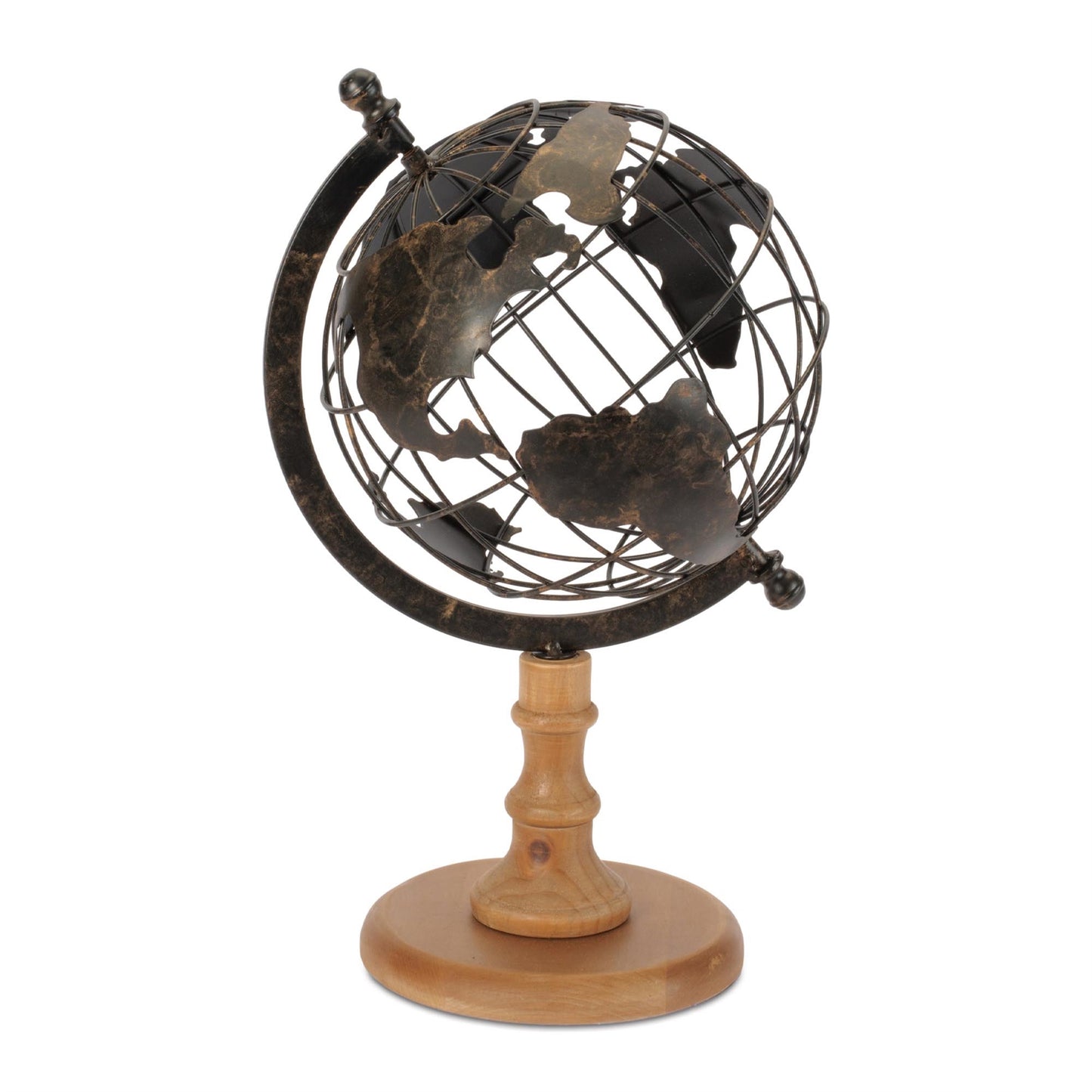 Iron Globe with Natural Wood Base 14.5"H