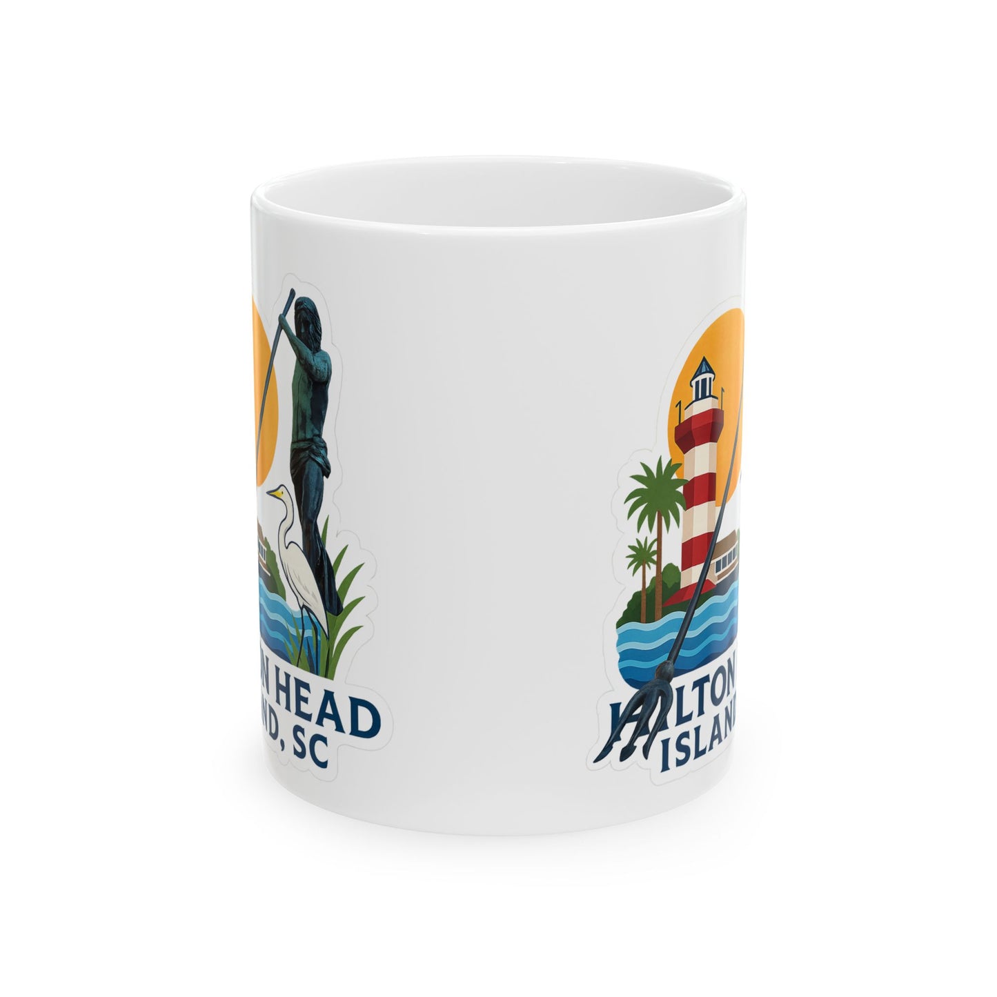 A ceramic mug featuring Hilton Head Island landmarks—stylish coastal drinkware by A Coastal Christmas.