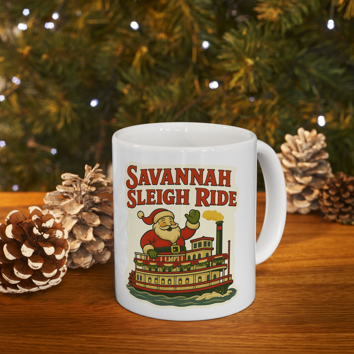 Savannah Sleigh Ride Mug glossy ceramic coffee cup holiday drinkware by A Coastal Christmas