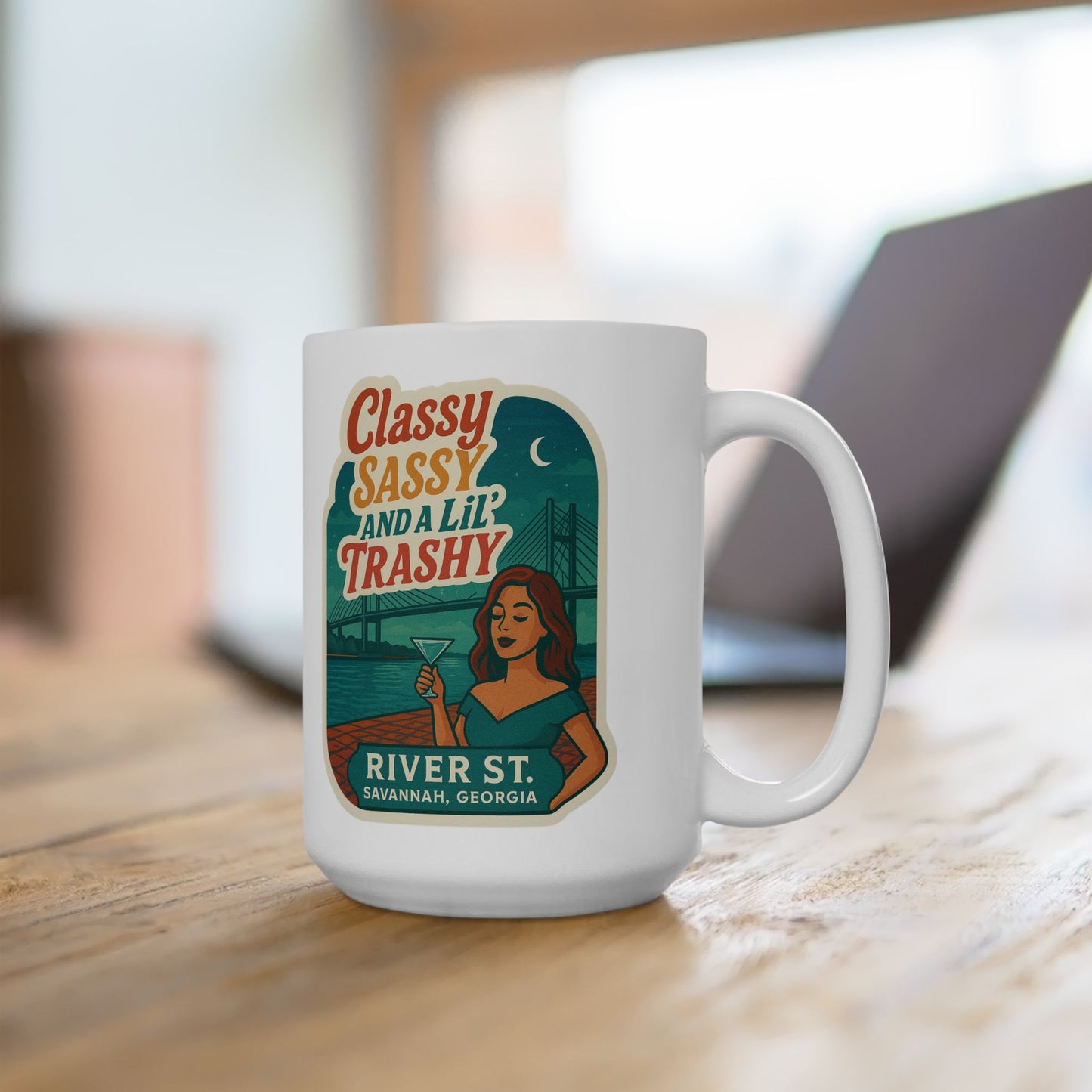 White mug with a colorful design featuring a woman and text Sassy Classy & A 'Lil Trashy Coffee Mug with glossy ceramic finish, perfect for birthdays, housewarmings, or holiday celebrations