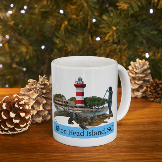 Mug with a lighthouse and alligator design perfect for Christmas decorations and gifts by A Coastal Christmas