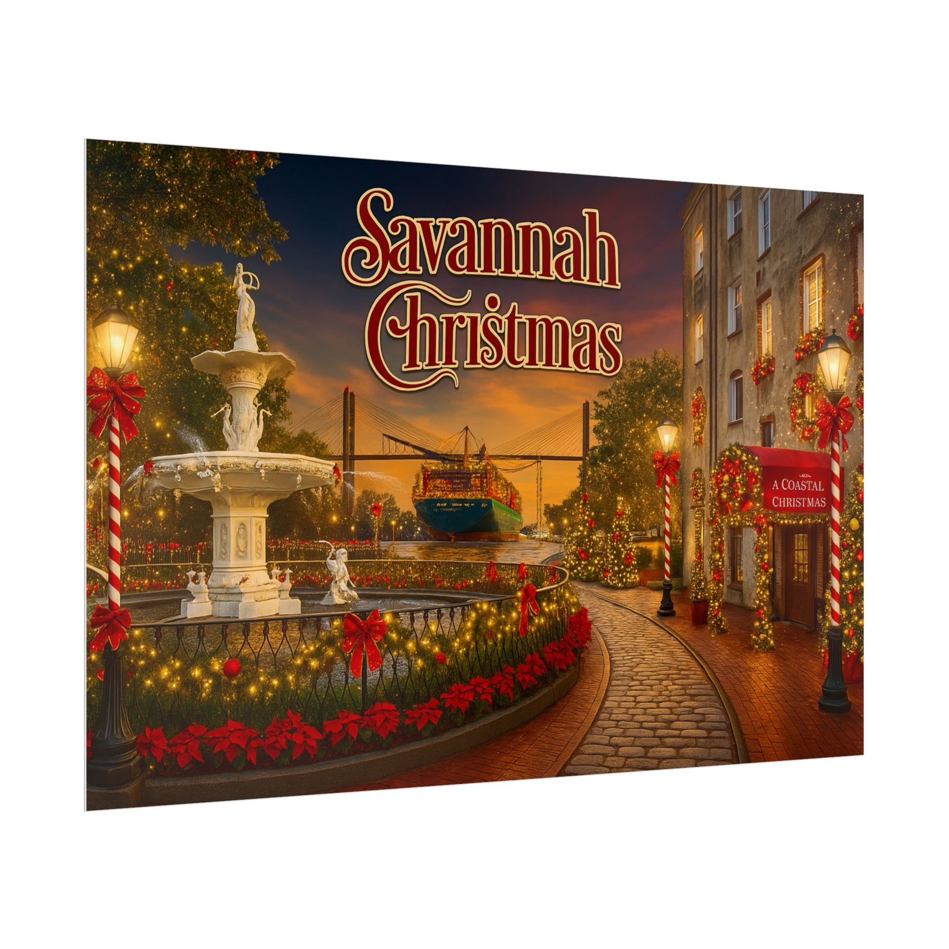 Decorative Christmas-themed Savannah scene with a fountain, lights, and festive decorations.