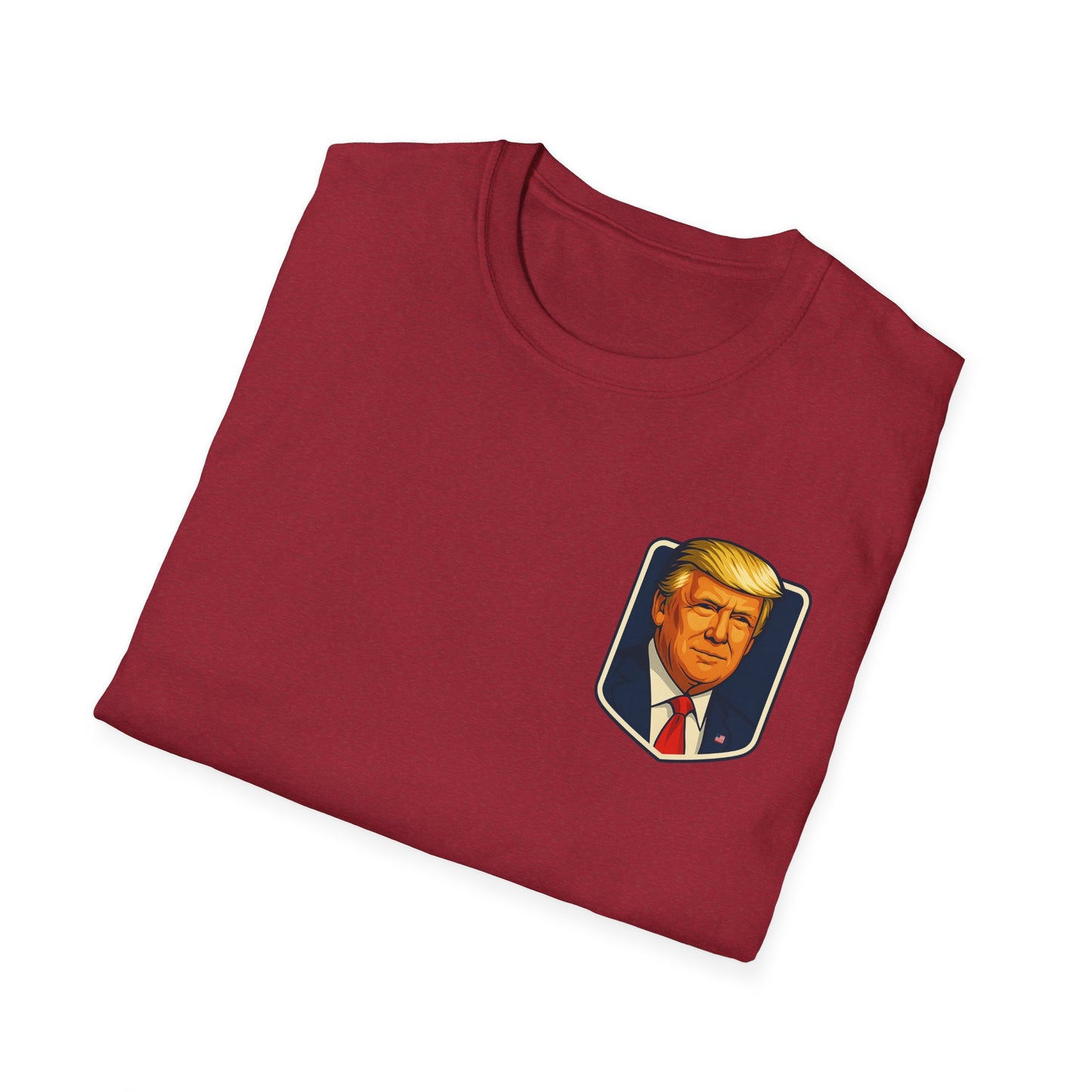 Folded maroon t-shirt with a graphic charming Trump "You Missed!" T-Shirt Perfect Comfort Unisex Softstyle T-Shirt by A Coastal Christmas.