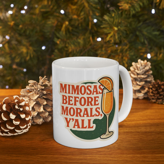 Mimosas Before Morals ceramic coffee mug with glossy finish by A Coastal Christmas