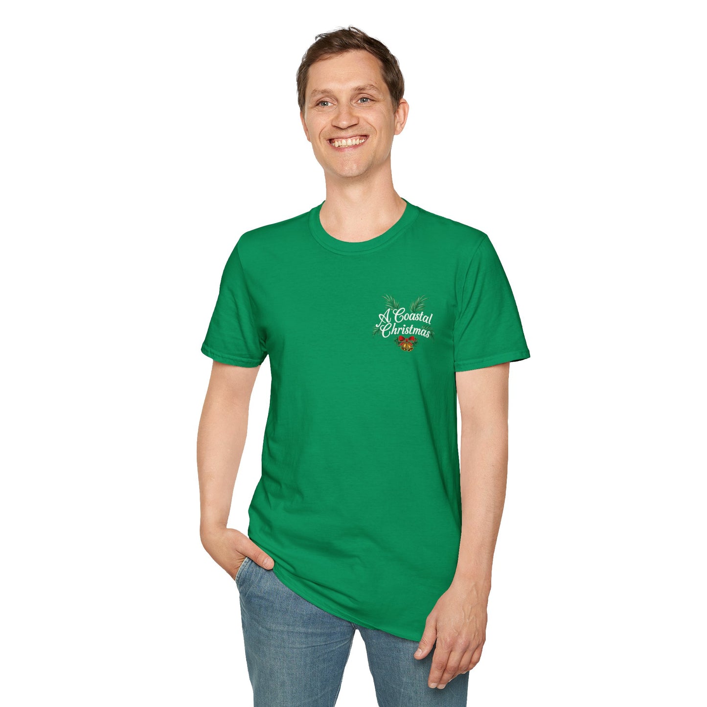Person wearing a green t-shirt Forsyth Fountain Savannah Christmas Unisex T-Shirt, with a logo A Coastal Christmas ideal for casual outings and festive holiday celebrations