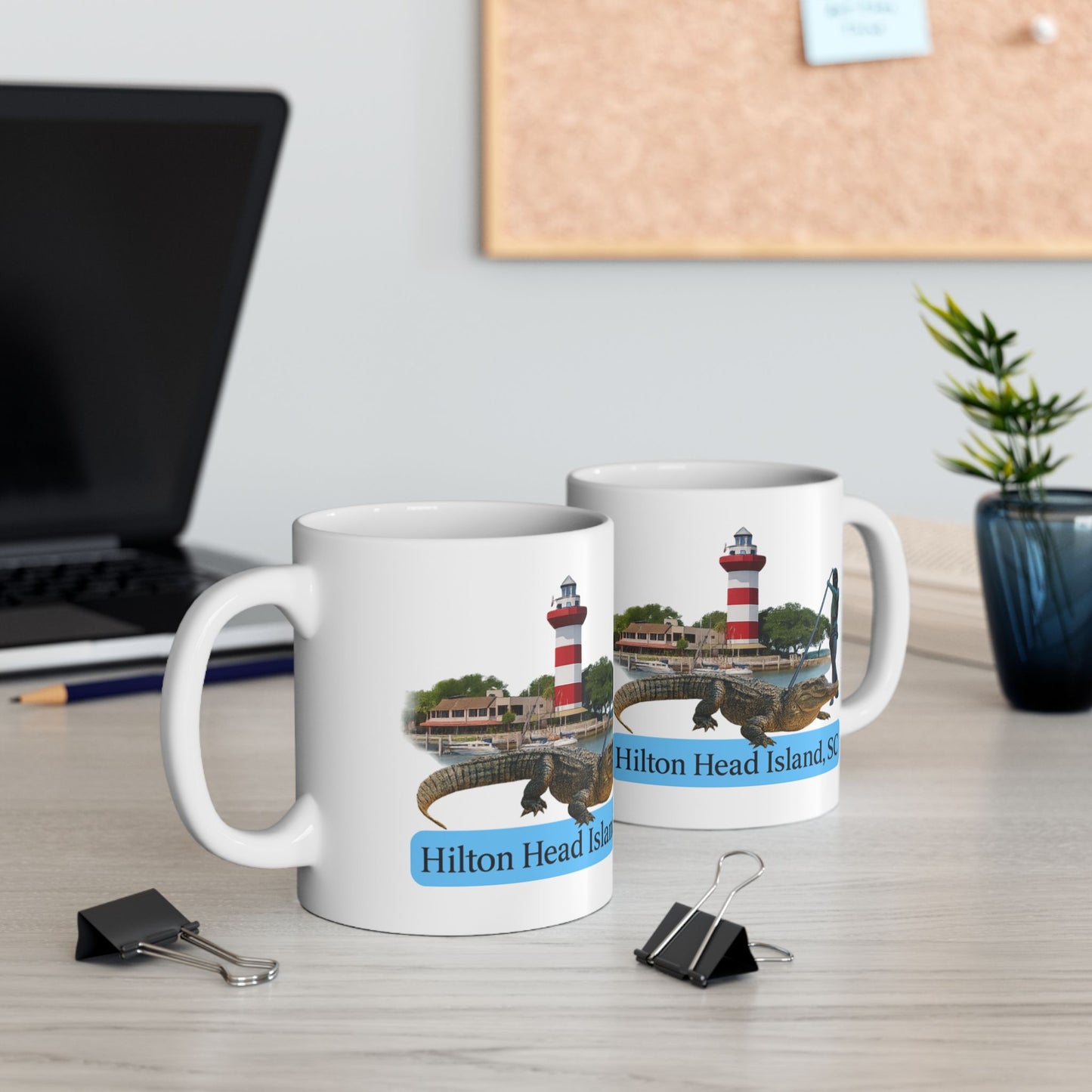 Two glossy ceramic mug showcasing Hilton Head Island, perfect for coastal Christmas gifting by A Coastal Christmas.