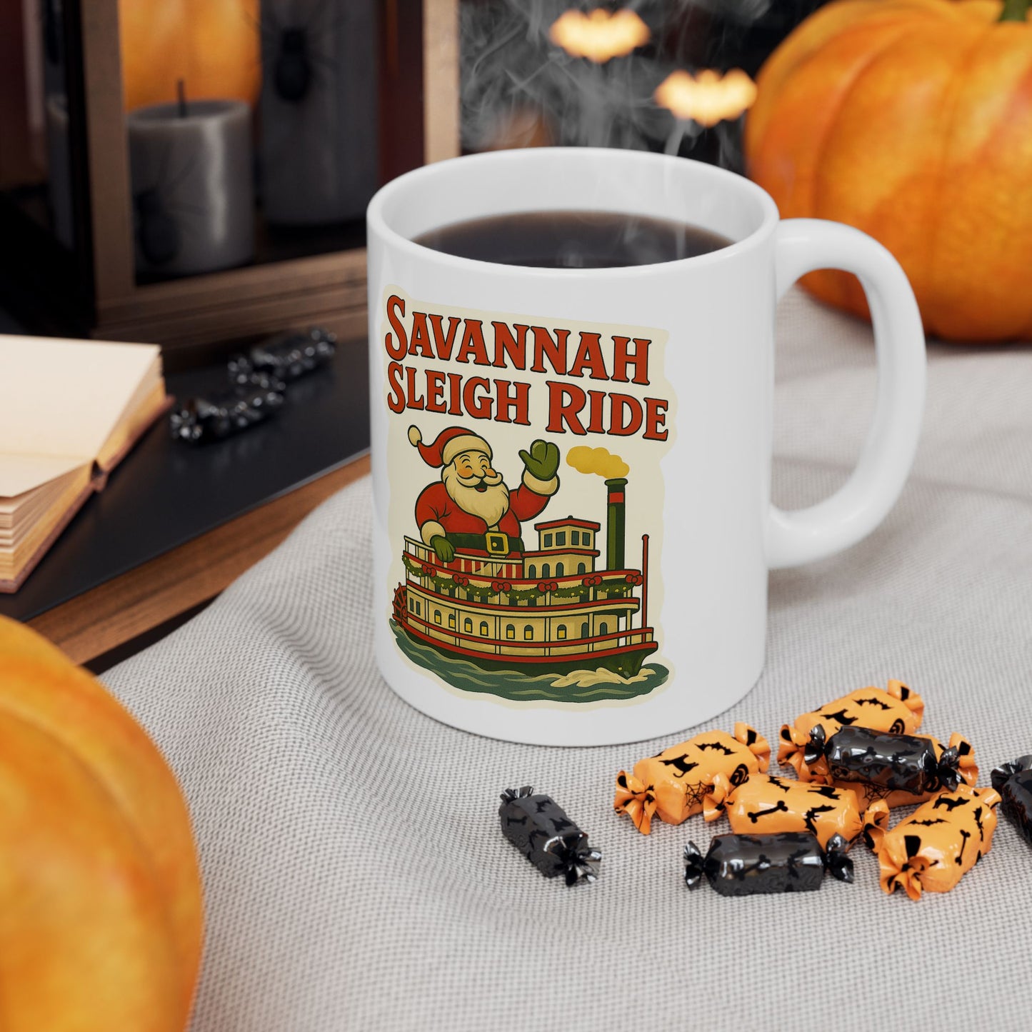A Savannah Sleigh Ride Painted Mug, perfect for holiday gifting, and winter celebrations at A Coastal Christmas