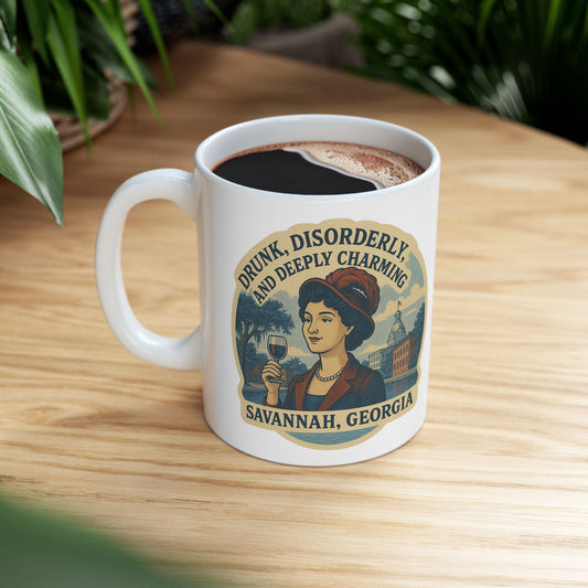 Drunk Disorderly & Charming Ceramic Mug – Fun novelty coffee cup by A Coastal Christmas