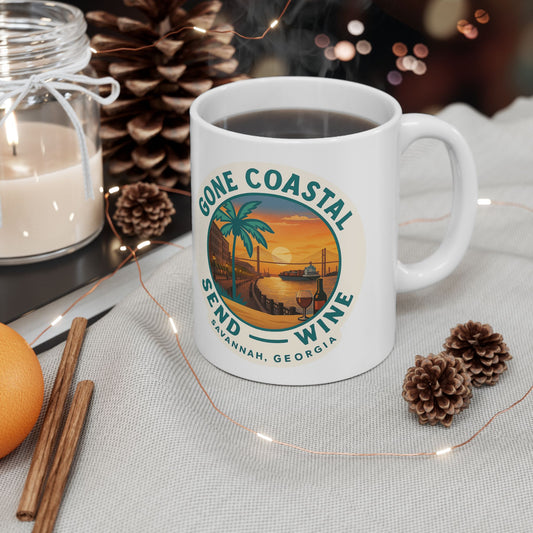 Glossy ceramic “Gone Coastal Send Wine – Savannah Georgia” mug, designed for wine lovers and coastal Christmas décor