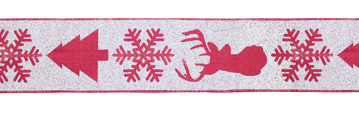 Red and White Deer and Tree Wired Ribbon (Set of 2)