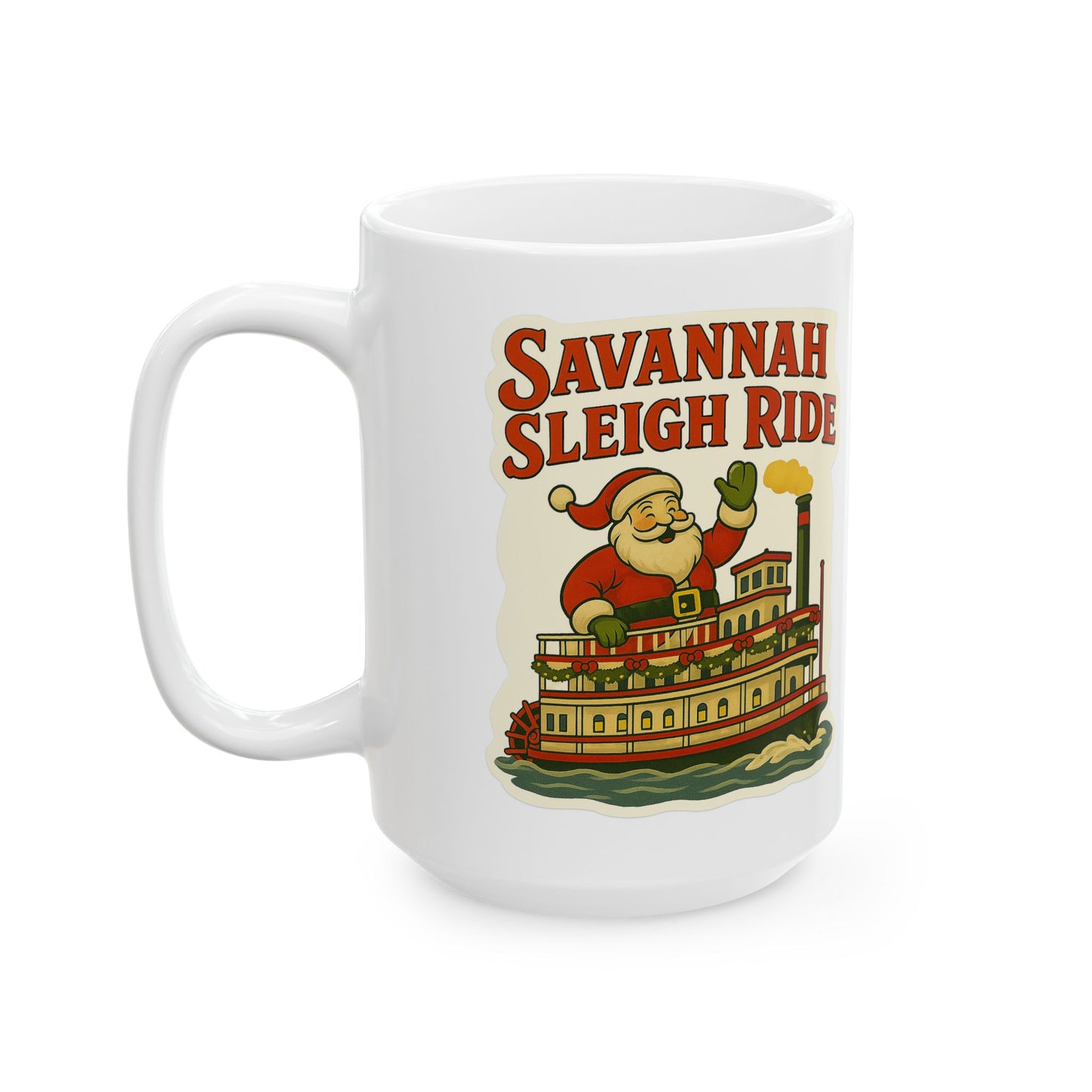 Savannah Sleigh Ride ceramic mug with vibrant holiday print design by A Coastal Christmas
