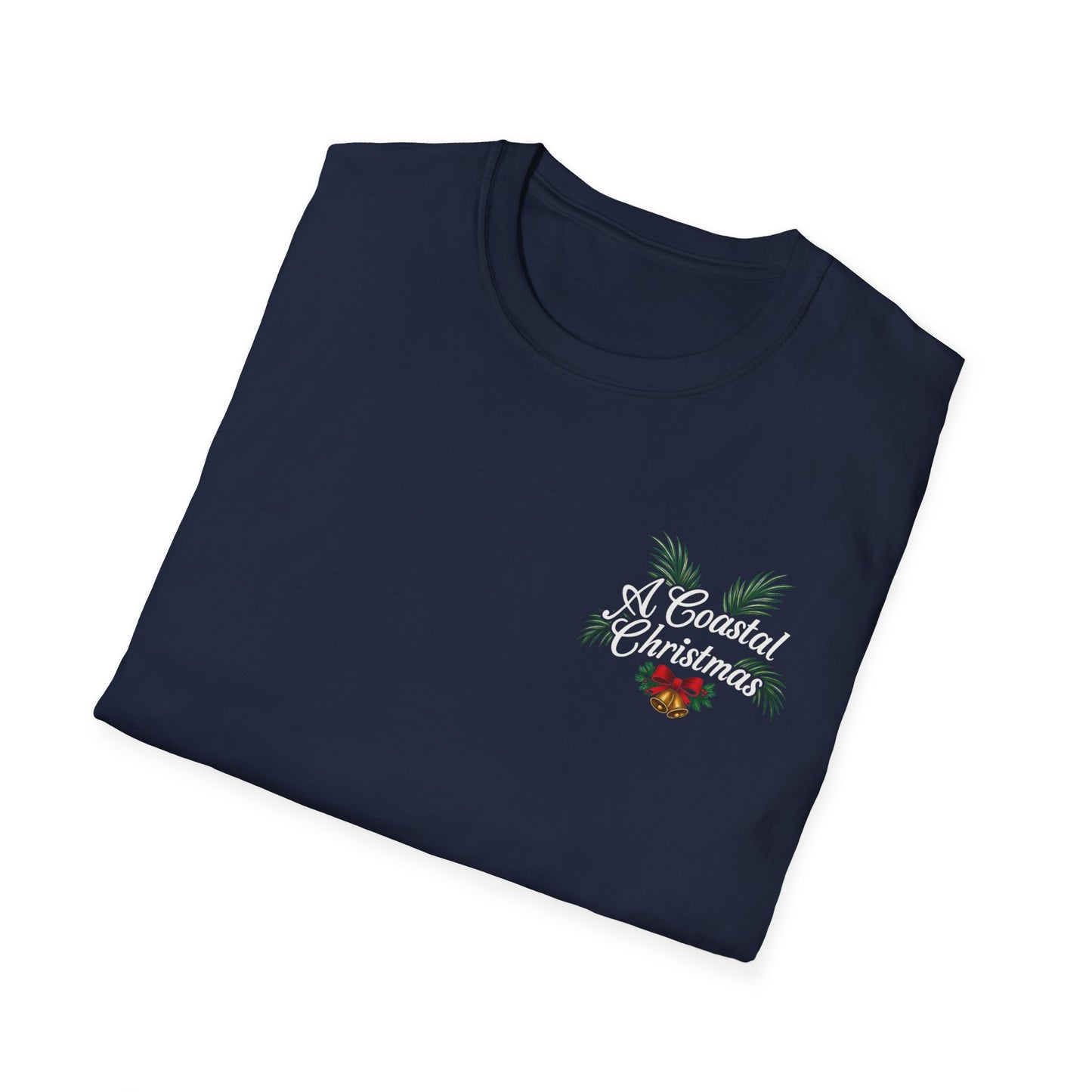 Folded navy unisex Savannah Christmas print blue t-shirt with 'A Coastal Christmas' text and design with highly elastic fabric, offering comfort and coastal style by A Coastal Christmas