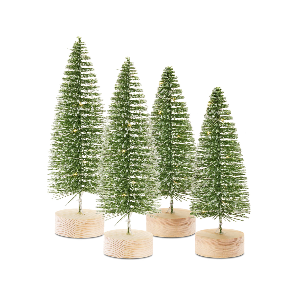 LED Lighted Green Bottle Brush Tree with Wood Base and Gold Accent (Set of 4)
