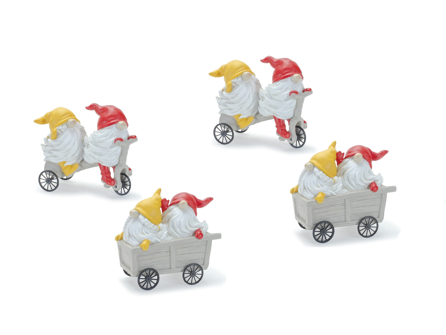 Whimsical Garden Gnome Figurine Riding a Scooter and Wheelbarrow (Set of 4)