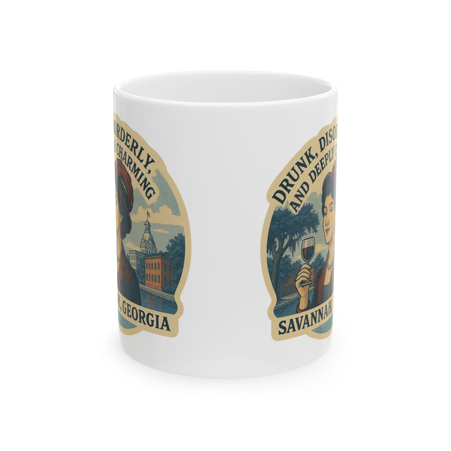 A ceramic mug titled “Drunk Disorderly & Charming” featuring vintage style label Savannah artwork with a woman toasting wine—quintessential coastal Christmas drinkware by A Coastal Christmas