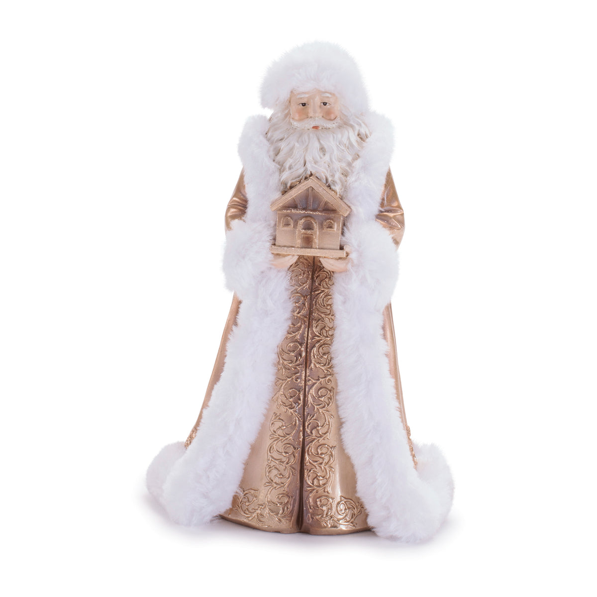 Santa Figurines with House in Gold and White (Set of 2)