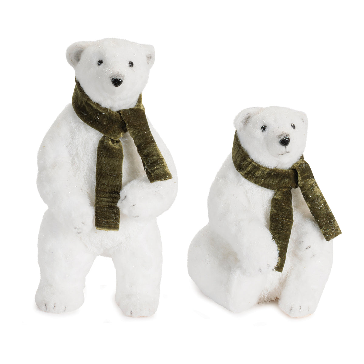 Plush Polar Bear Figurines with Green Scarves (Set of 2)