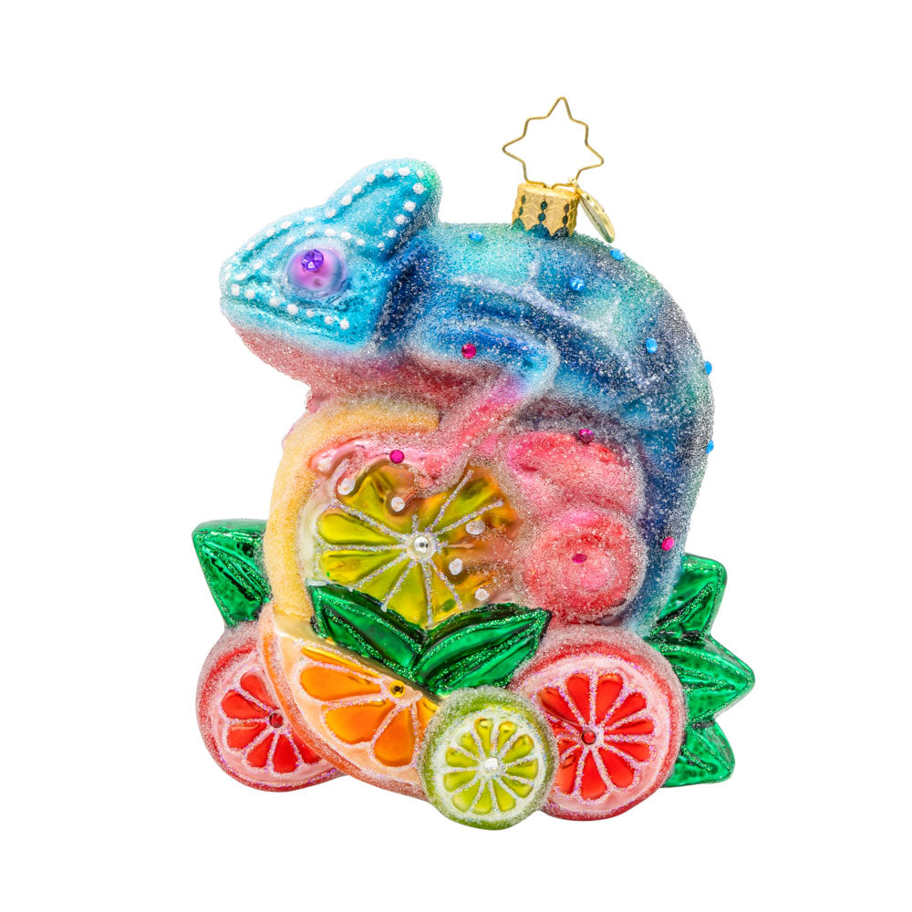A colorful chameleon ornament with oranges and lemons, named Camouflage Cutie.