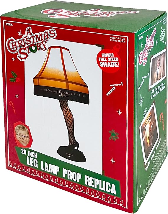 A 20-inch replica leg lamp from A Christmas Story, complete with a fringed lampshade and a lifelike leg design.