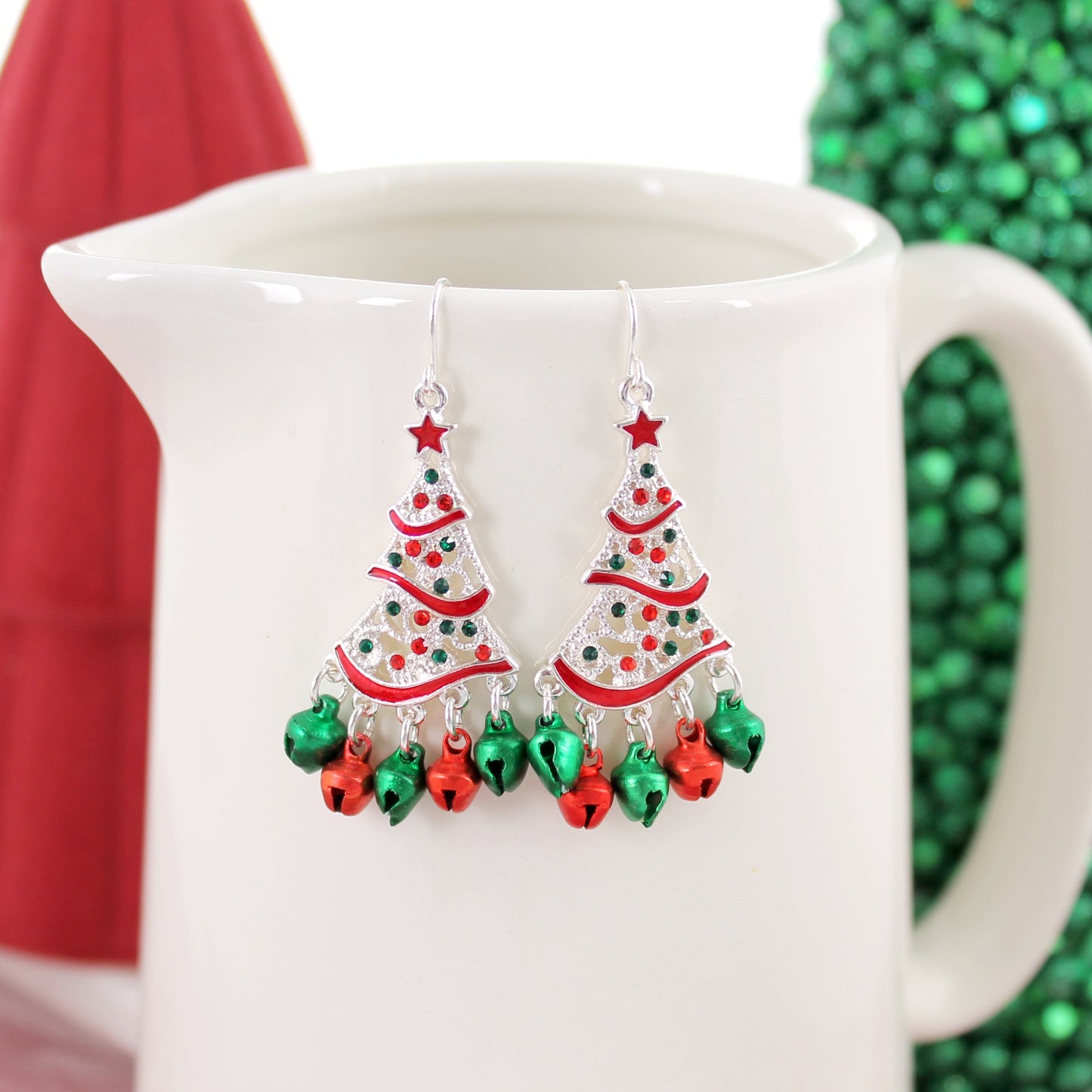 Jingle bell crystal tree earrings, a sparkling festive accessory perfect for the holiday season and coastal Christmas style