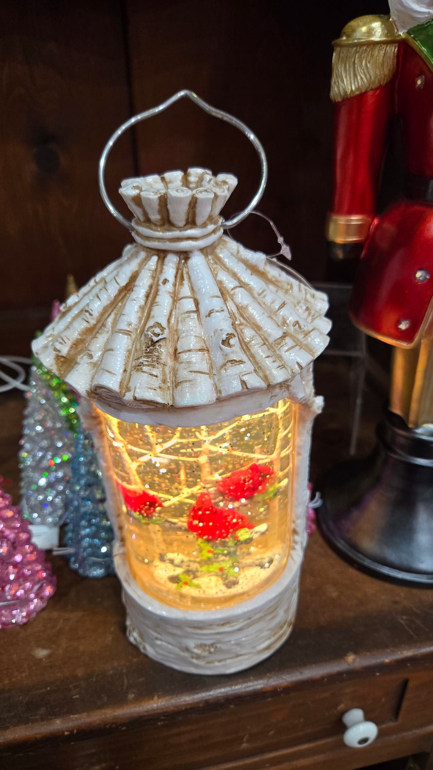 Lighted Swirl Lantern Cardinal Birch Casing