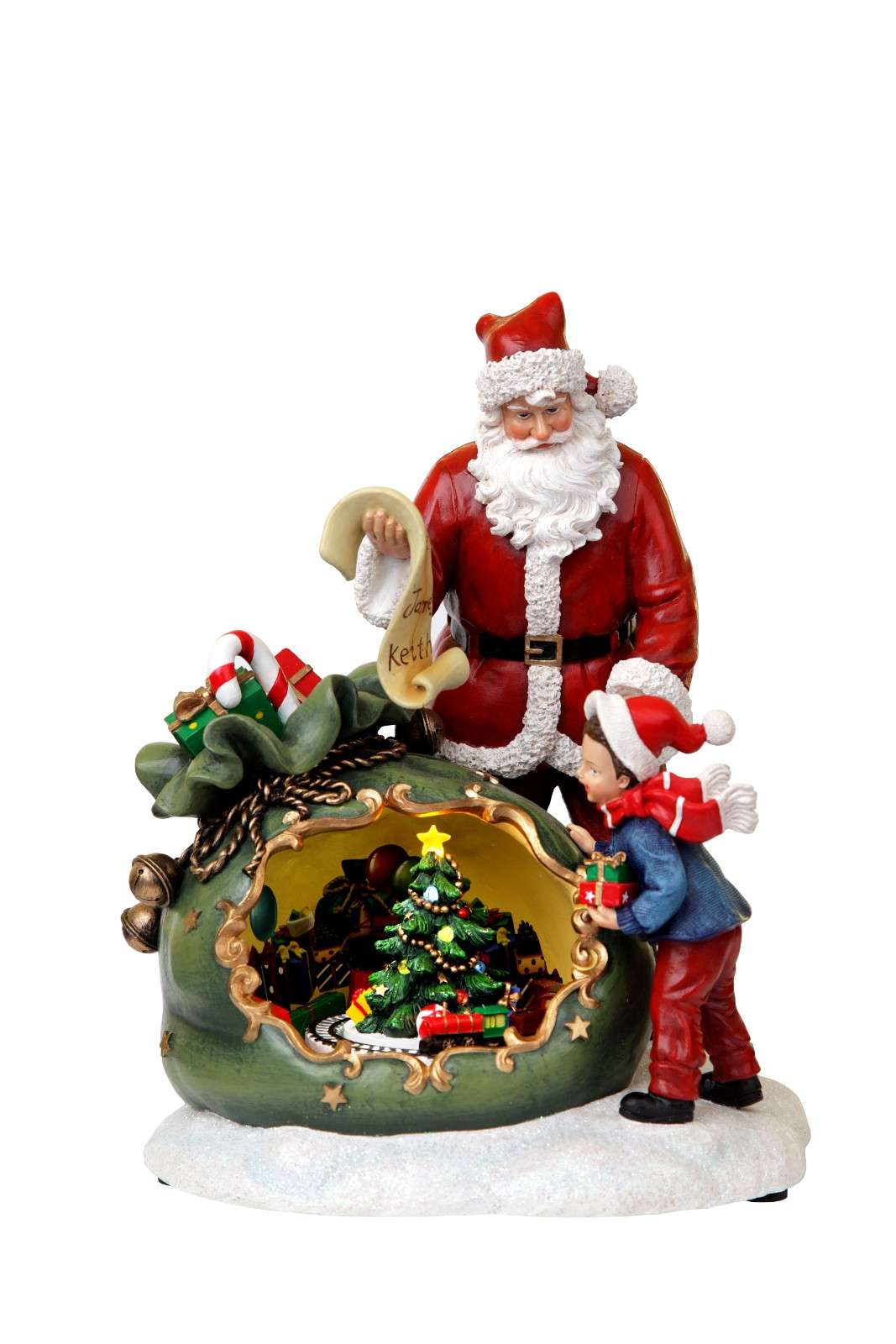 Santa Claus and his son figurine, featuring the son peeking into Santa's sack, embodying a joyful holiday spirit.