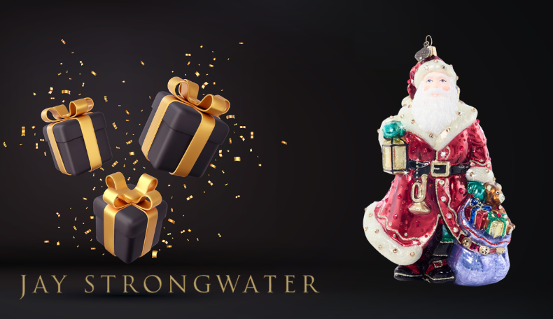 Santa Claus figurine surrounded by gifts, set against a black background, featuring Jay Strongwater frames.