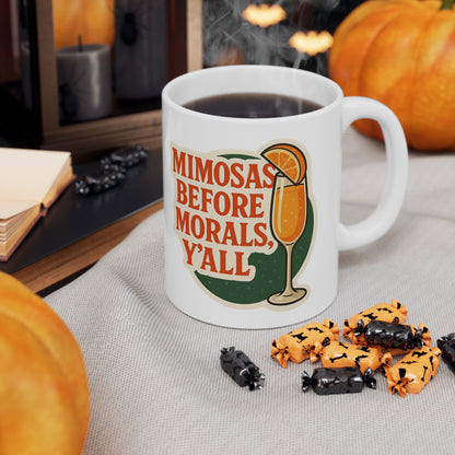 Mimosas Before Morals” stylish ceramic coffee mug with glossy finish and vibrant colors—perfect for festive mornings