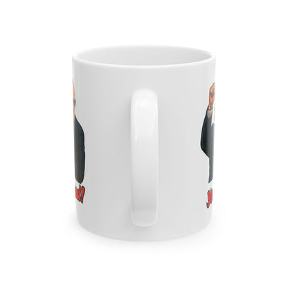 White mug with a graphic design of Trump wearing a goggles by A coastal Christmas
