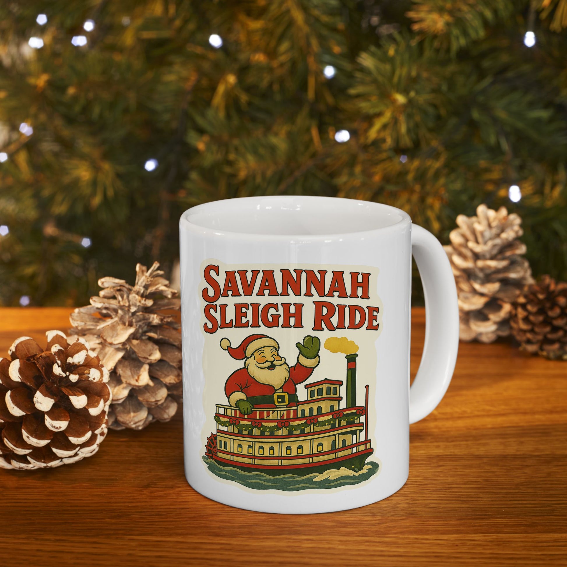 Savannah Sleigh Ride Mug glossy ceramic coffee cup holiday drinkware by A Coastal Christmas