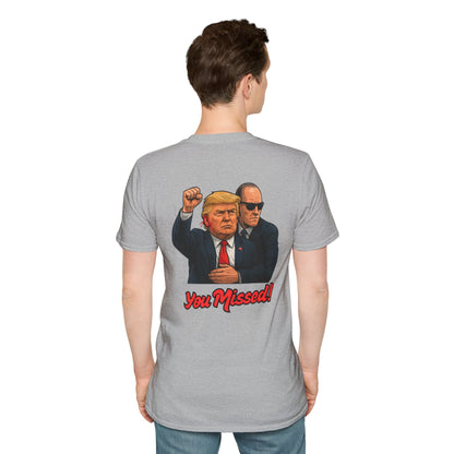 Red “You Missed!” Trump T-shirt with tubular knit construction for reduced fabric waste—a festive holiday gift shirt