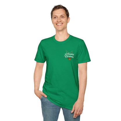 Person wearing a green t-shirt Forsyth Fountain Savannah Christmas Unisex T-Shirt, with a logo A Coastal Christmas ideal for casual outings and festive holiday celebrations