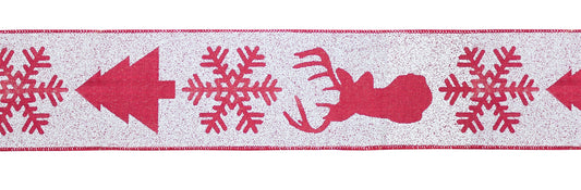 Red and White Deer and Tree Wired Ribbon (Set of 2)