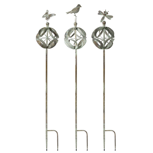 Ornamental Metal Garden Stake with Bird and Insect Accents (Set of 3)