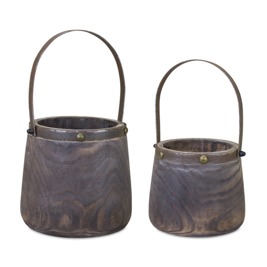 Natural Wooden Pail Planter with Metal Handle Accent (Set of 2) 11.75"H, 14"H