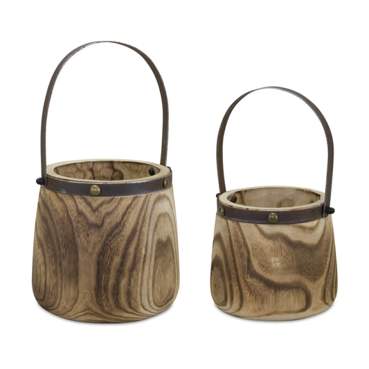 Natural Wooden Pail Planter with Metal Handle Accent (Set of 2) 11.75"H, 14"H