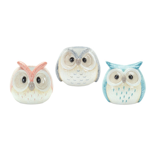 Whimsical Pastel Terra Cotta Owl Figurine (Set of 3)