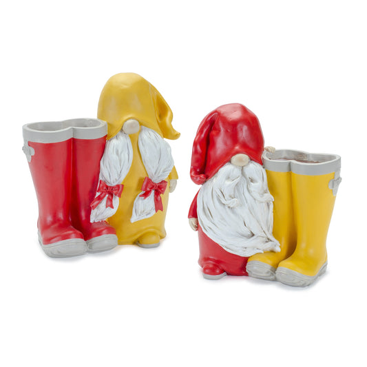 Garden Gnome with Rainboot Platner or Vase (Set of 2)