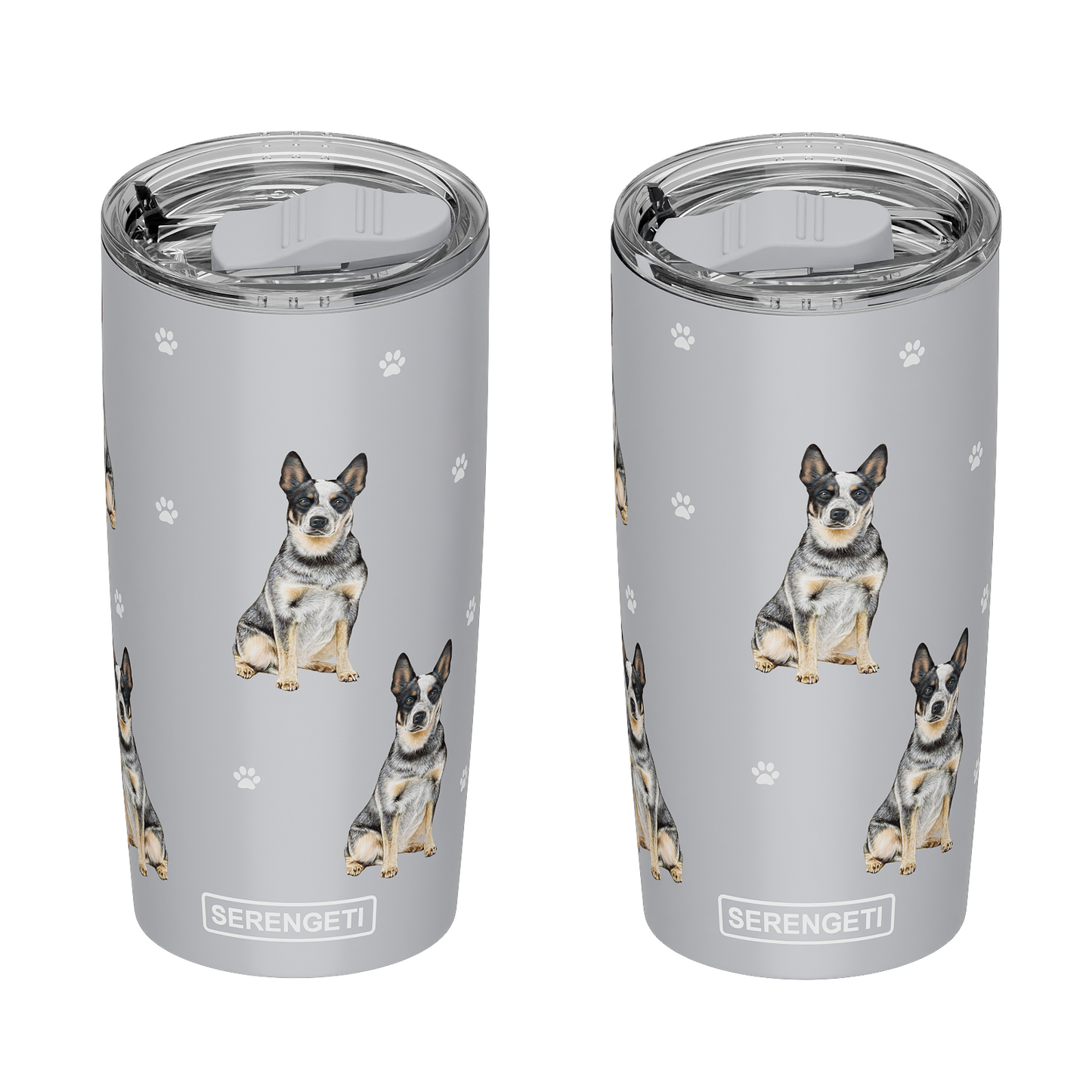 A pair of insulated tumblers adorned with a charming dog graphic, ideal for enjoying beverages.