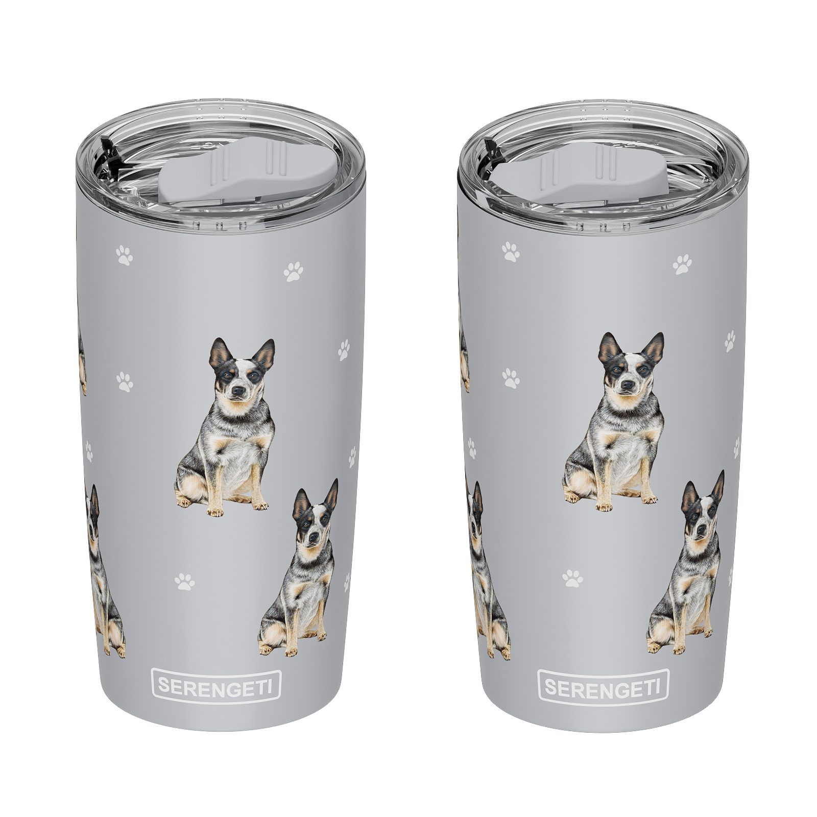A pair of insulated tumblers adorned with a charming dog graphic, ideal for enjoying beverages.