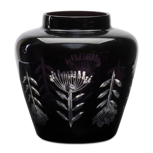 Etched Soda Lime Glass Urn Vase 6.5"D