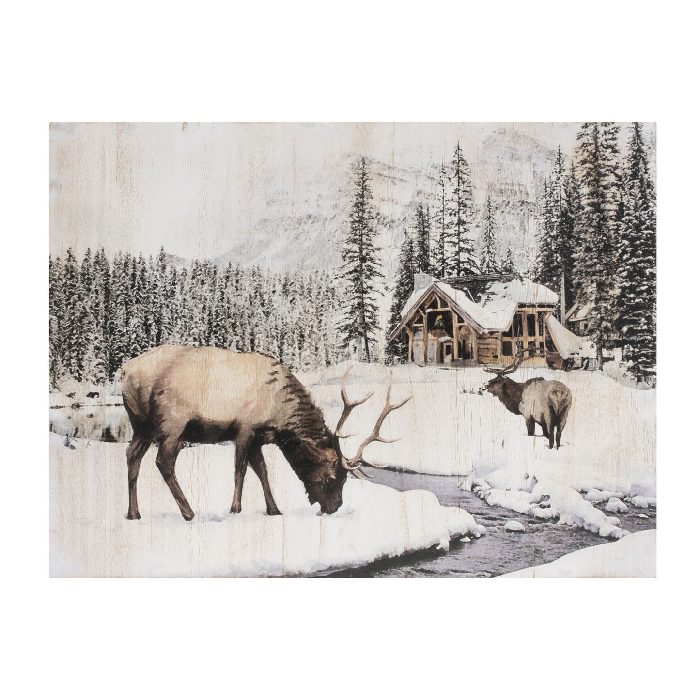 Wooden Winter Reindeer and Lodge Plaque 17.5"H