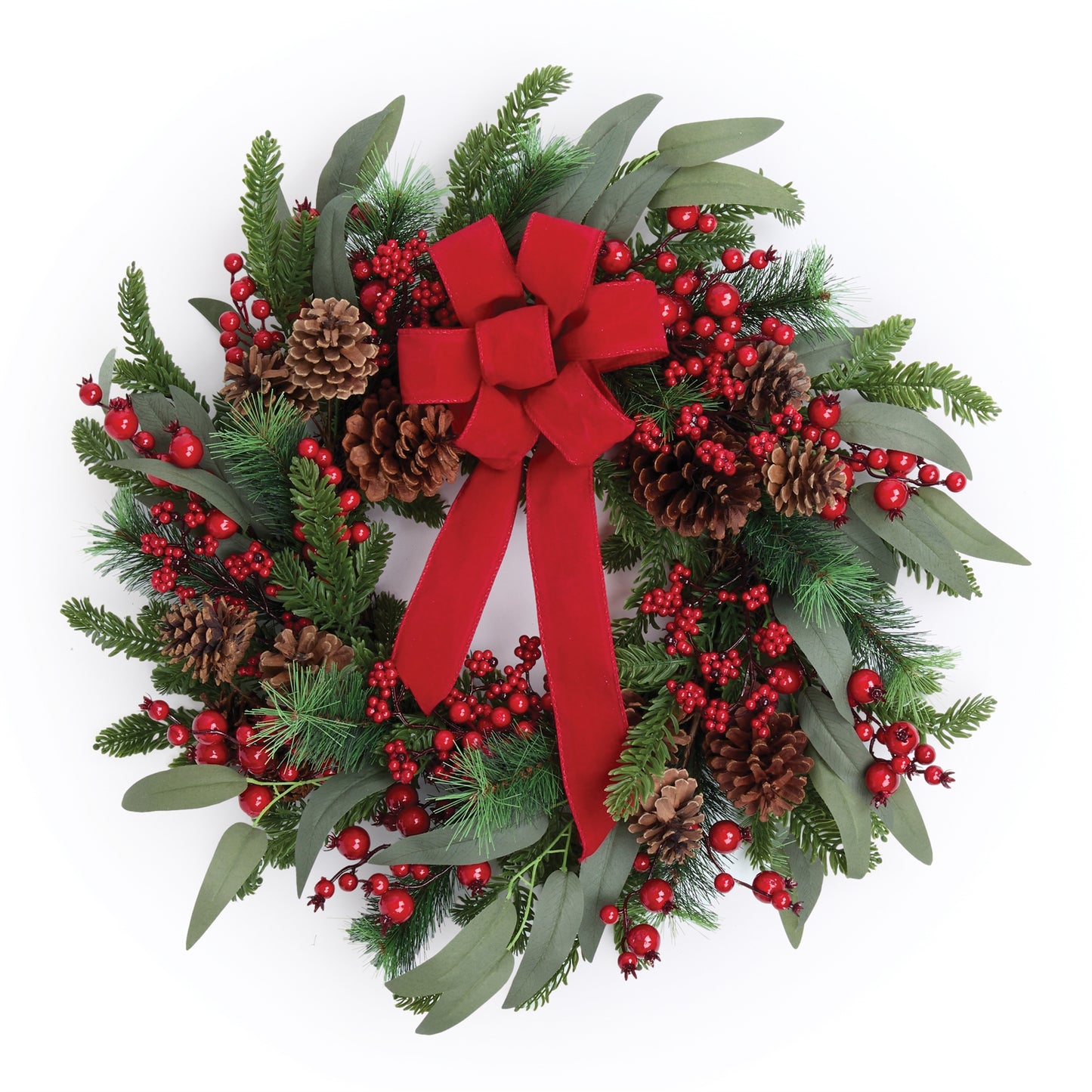 Fresh Touch Pine and Berry Wreath with Bow 24"D