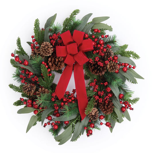 Fresh Touch Pine and Berry Wreath with Bow 24"D