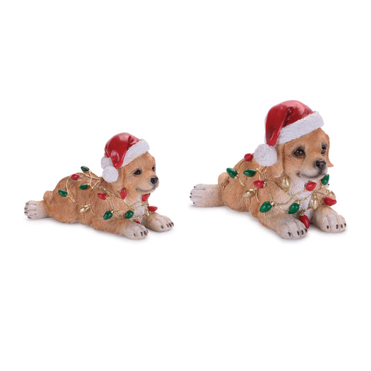 Santa Hat Dog Figurines with Christmas Lights (Set of 2)