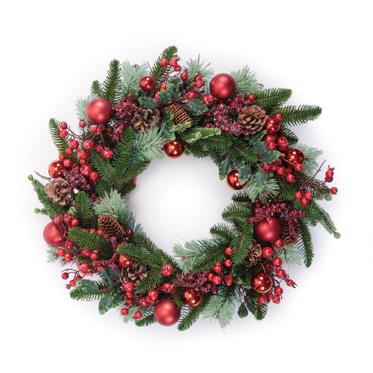 Pine and Berry Wreath with Ornaments 22"D