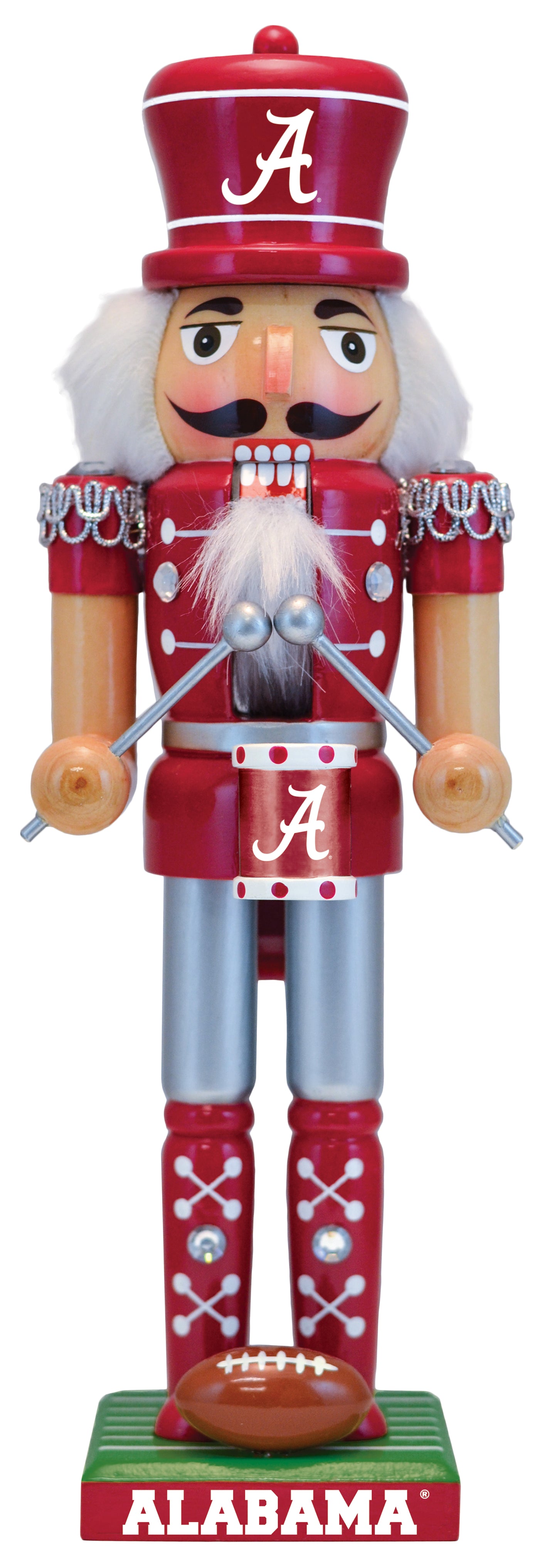 Wooden nutcracker figurine with Alabama logo on a white background